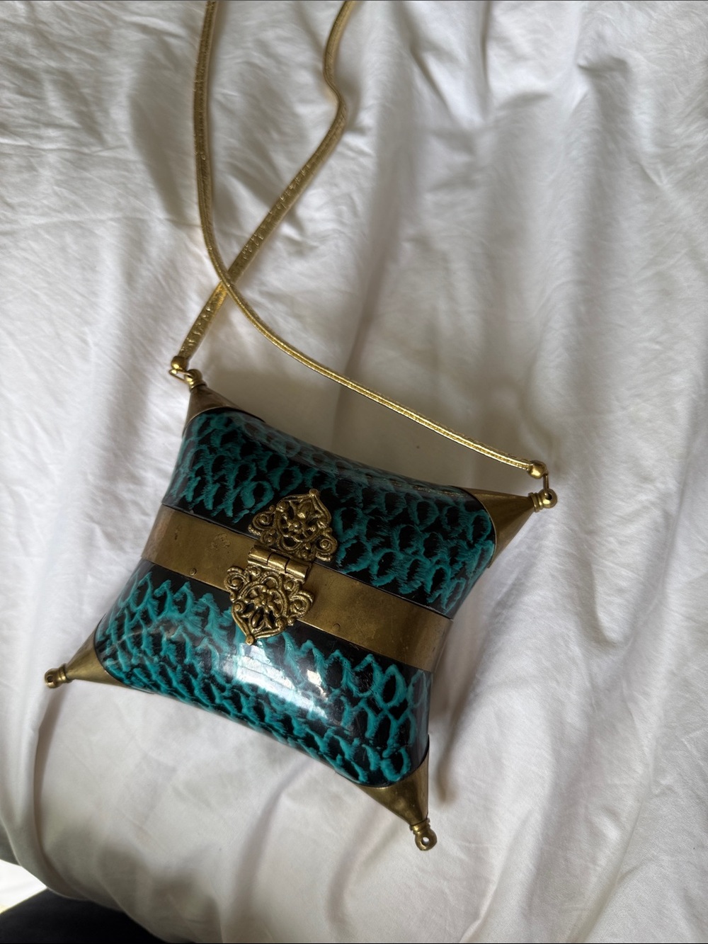 Teal Patterned Pillow-Style Crossbody Bag with Gold Accents